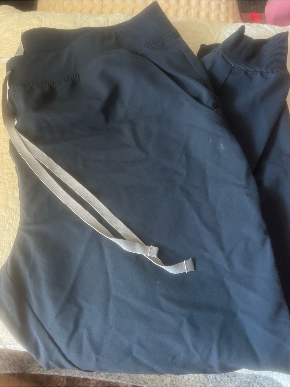 Figs Navy Jogger Scrubs with Light Gray Drawstring
